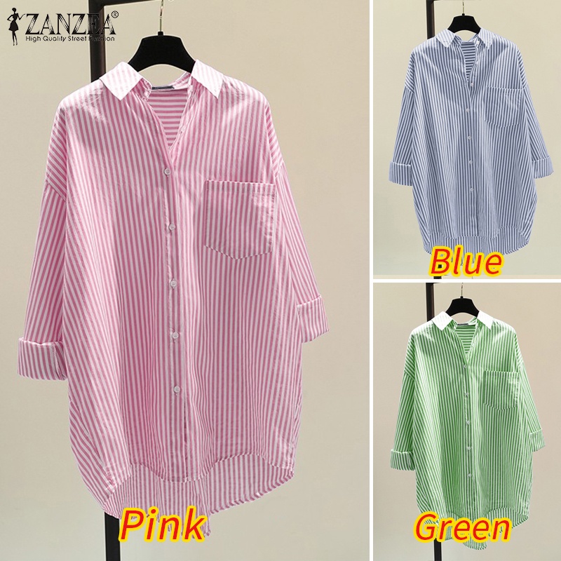 Áo sơ mi ZANZEA tay dài họa tiết kẻ sọc dọc trẻ trung thời trang dành cho nữ