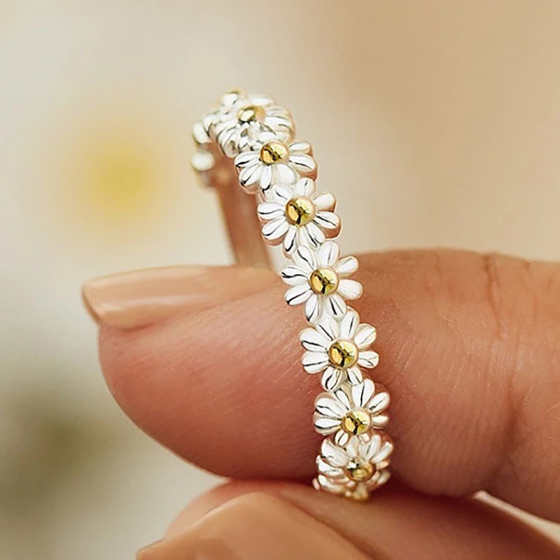 Nhẫn Hở Hình Hoa Cúc Màu Bạc Dễ Thương Có Thể Điều Chỉnh Cho Nữ