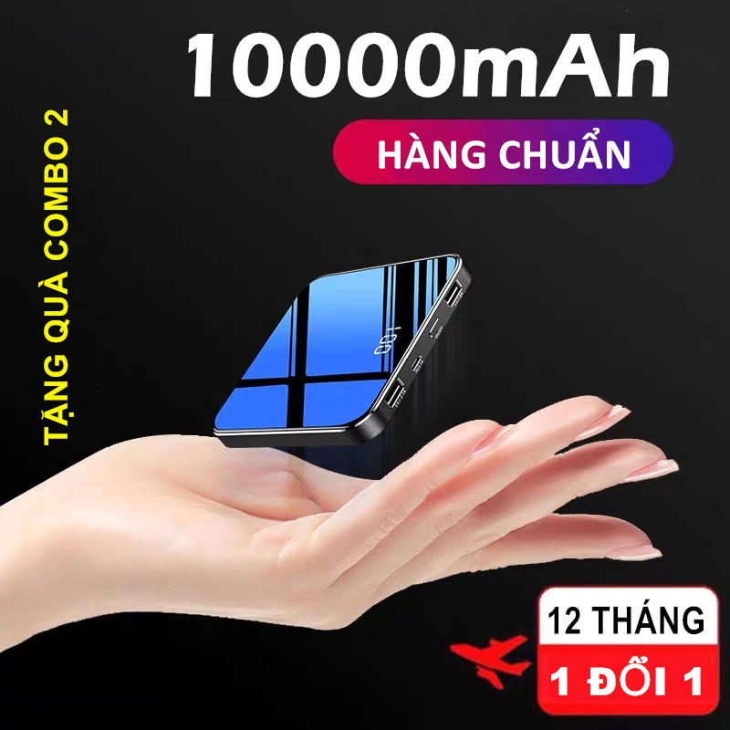 [Nhập mã giảm giá] Sạc dự phòng 10000mAh Chuẩn -Mặt Kính Đen -Có đèn báo Pin lithium A+polymer -Tự ngắt pin khi sạc đầy