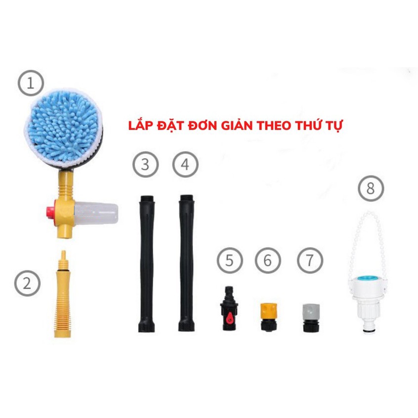 Chổi tự rửa xe ô tô, gậy (cây) tự rửa xe hơi, Dụng cụ tự rửa xe tại nhà kết hợp bàn chải xoay 360