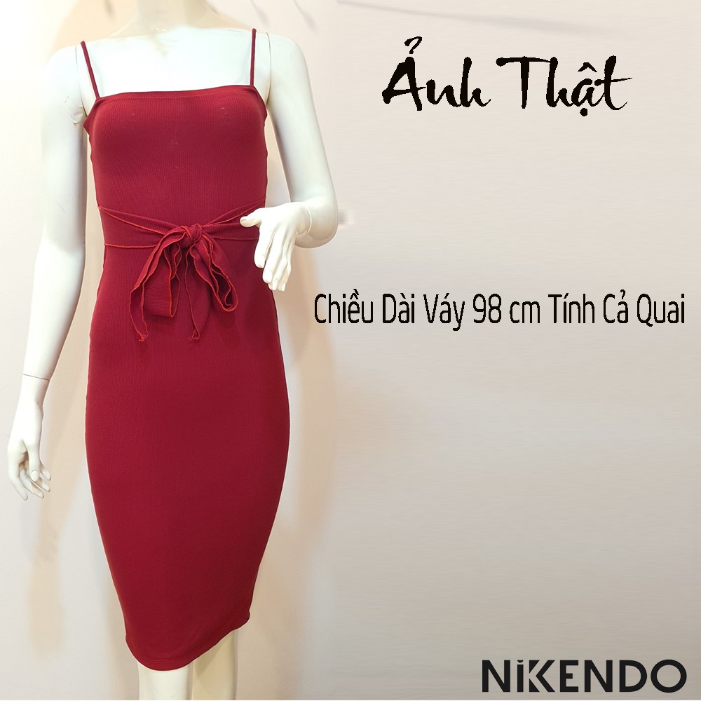 Váy Ôm Body Len Tăm 2 Dây thắt nơ eo sẻ sau - Đầm Body len tăm màu đỏ
