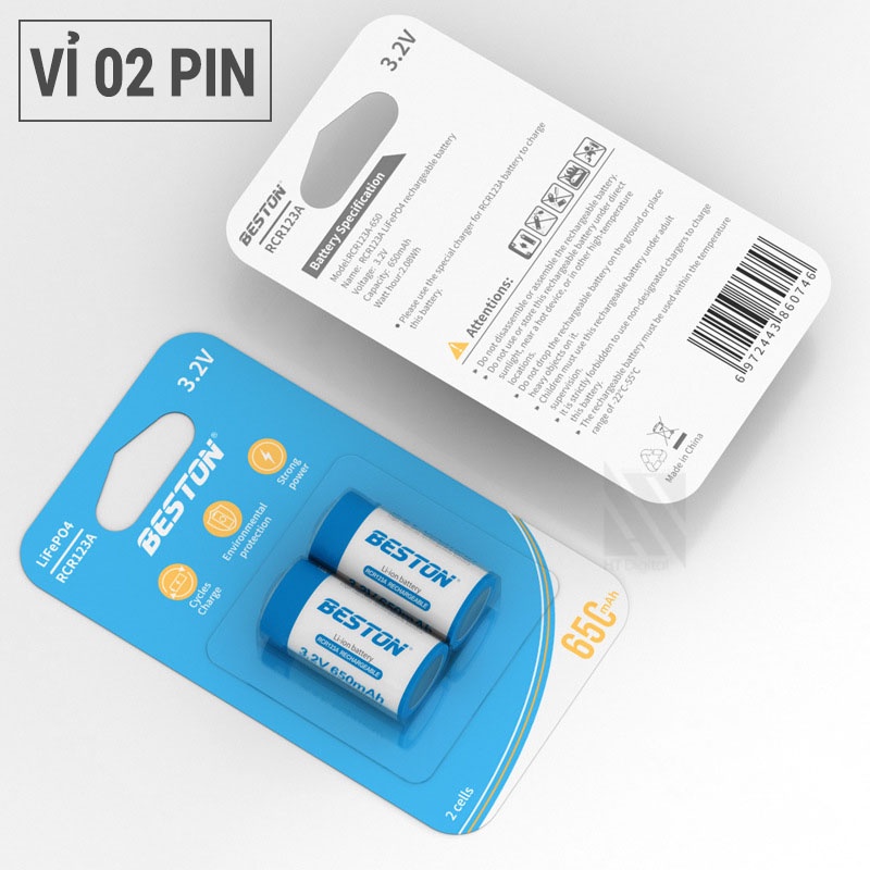 Vỉ 02 Pin Sạc RCR123A (16340) Beston 650mAh dùng cho máy ảnh, máy đo khoảng cách, gậy chơi gold, ống nhòm