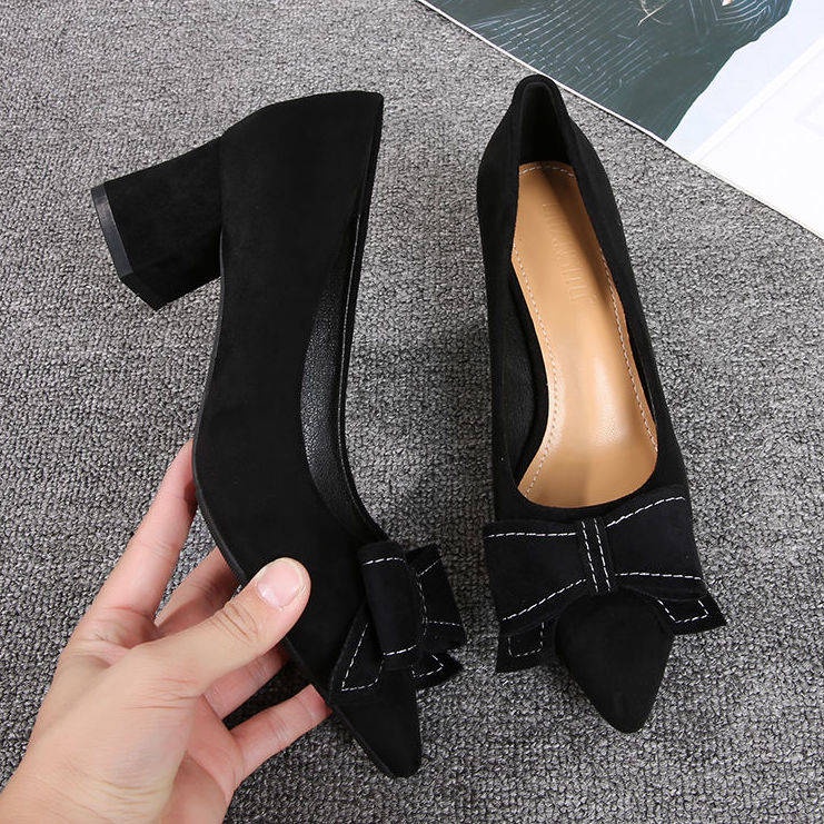 Giày Cao Gót Màu Đen Đính Nơ Xinh Xắn Dễ Phối Đồ Thời Trang Dành Cho Mùa Xuân Thu