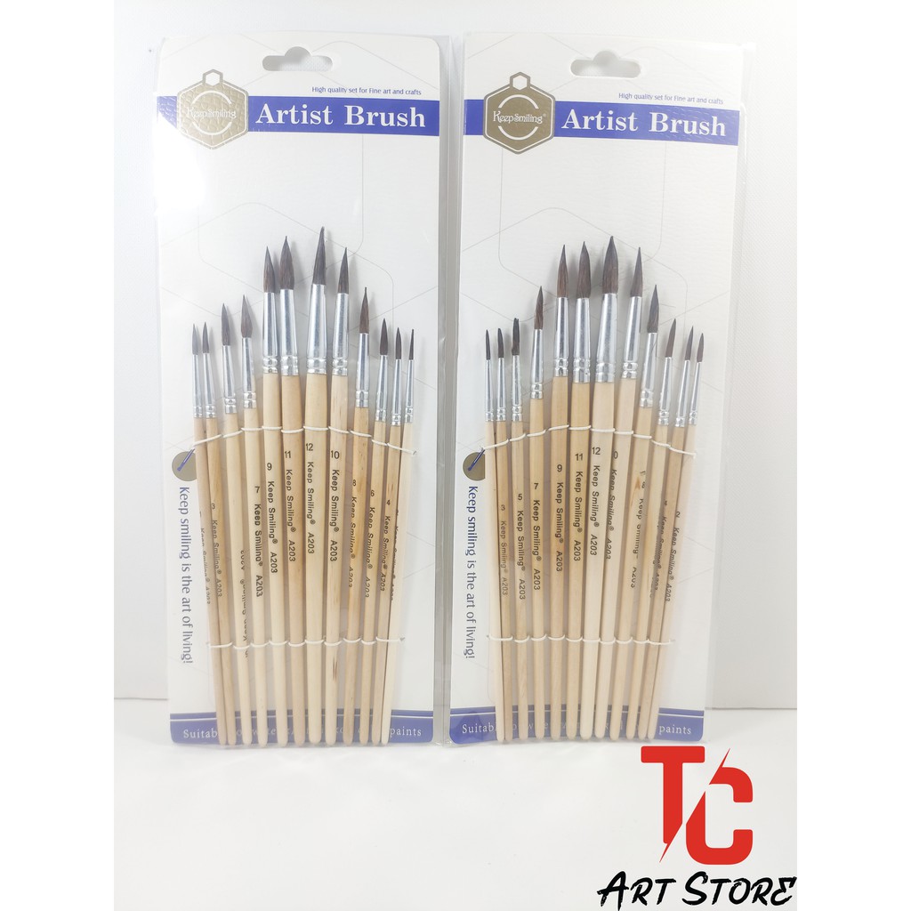 12 cây cọ đầu nhọn KEEP SMILLING Vẽ Acrylic, Sơn Dầu - TC Art Store