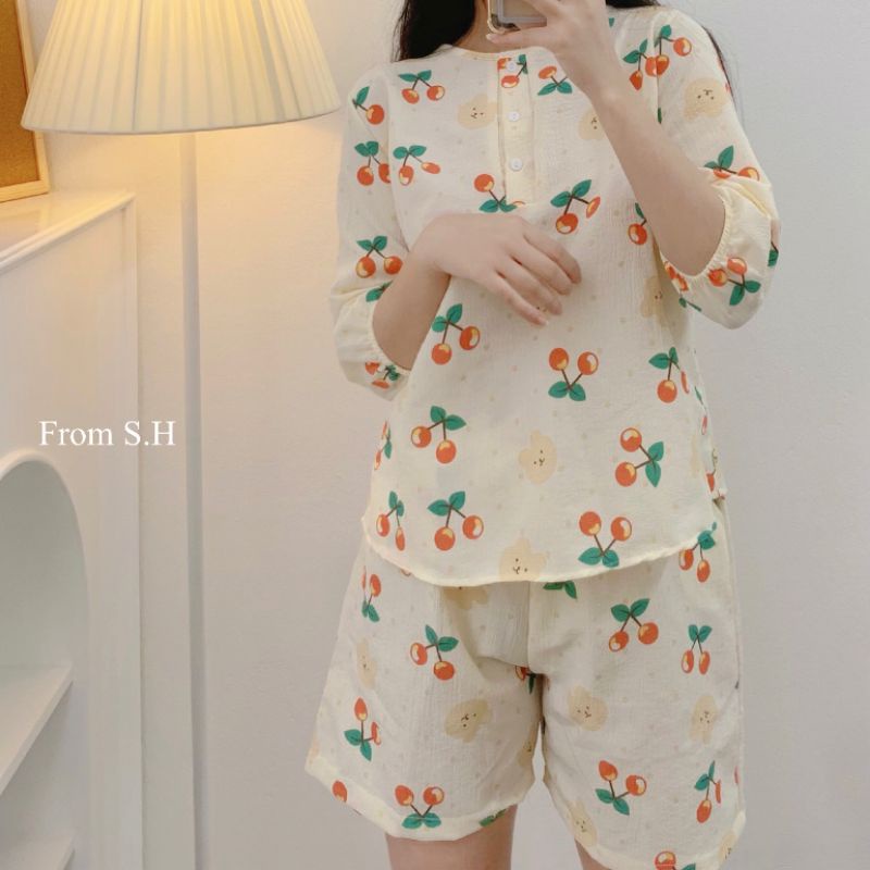 [Video/Ảnh thật] Bộ Pijama Cộc Tay Chất Đũi Nhăn Họa Tiết Siêu Xinh, Set Bộ Ngủ Pijama