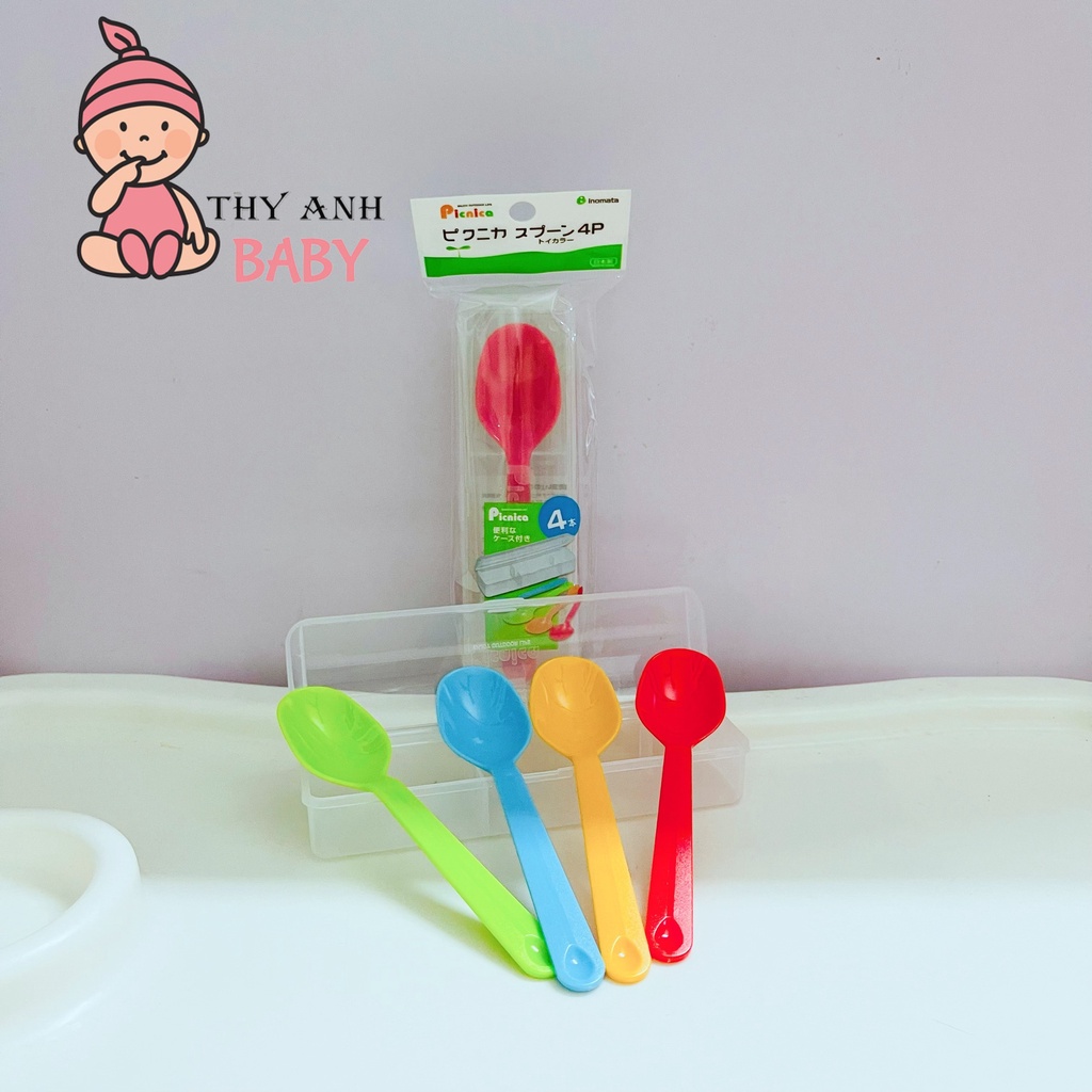 Set 4 Muỗng Thìa Nhựa Picnica Nhật Bản Kèm Hộp Cho Bé