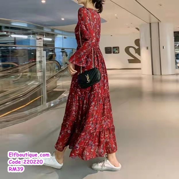 Đầm Maxi Lưng Cao Tay Dài Hoạ Tiết Hoa Thiết Kế Cổ Chữ V Thanh Lịch