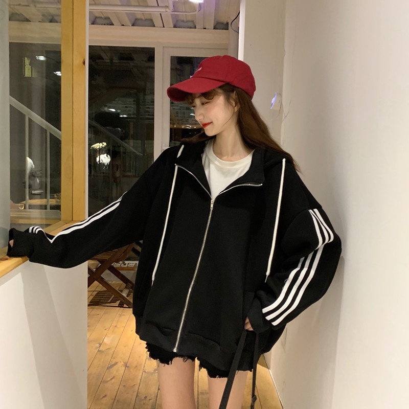 IELGY  Áo Nỉ Tay Dài Cổ Lọ Dáng Rộng Có Khóa Kéo Thời Trang Cho Nữ