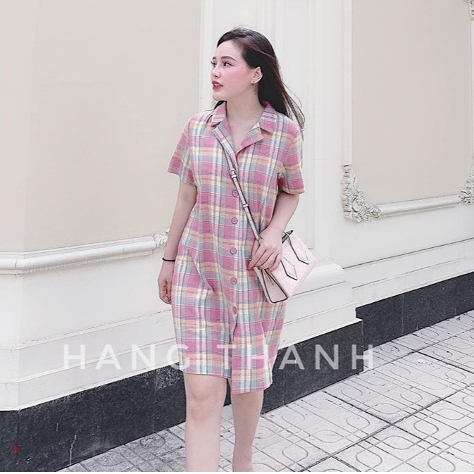 Váy Kẻ Hồng Caro Cổ Vest C011