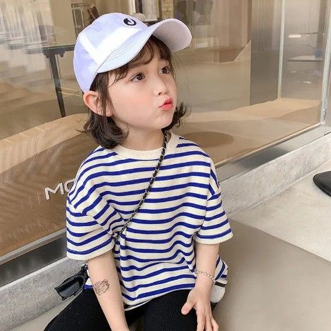 Áo Thun Tay Ngắn Cổ Tròn Họa Tiết Kẻ Sọc Chất Liệu Cotton Thời Trang Mùa Hè Hàn Quốc Mới Cho Bé Gái