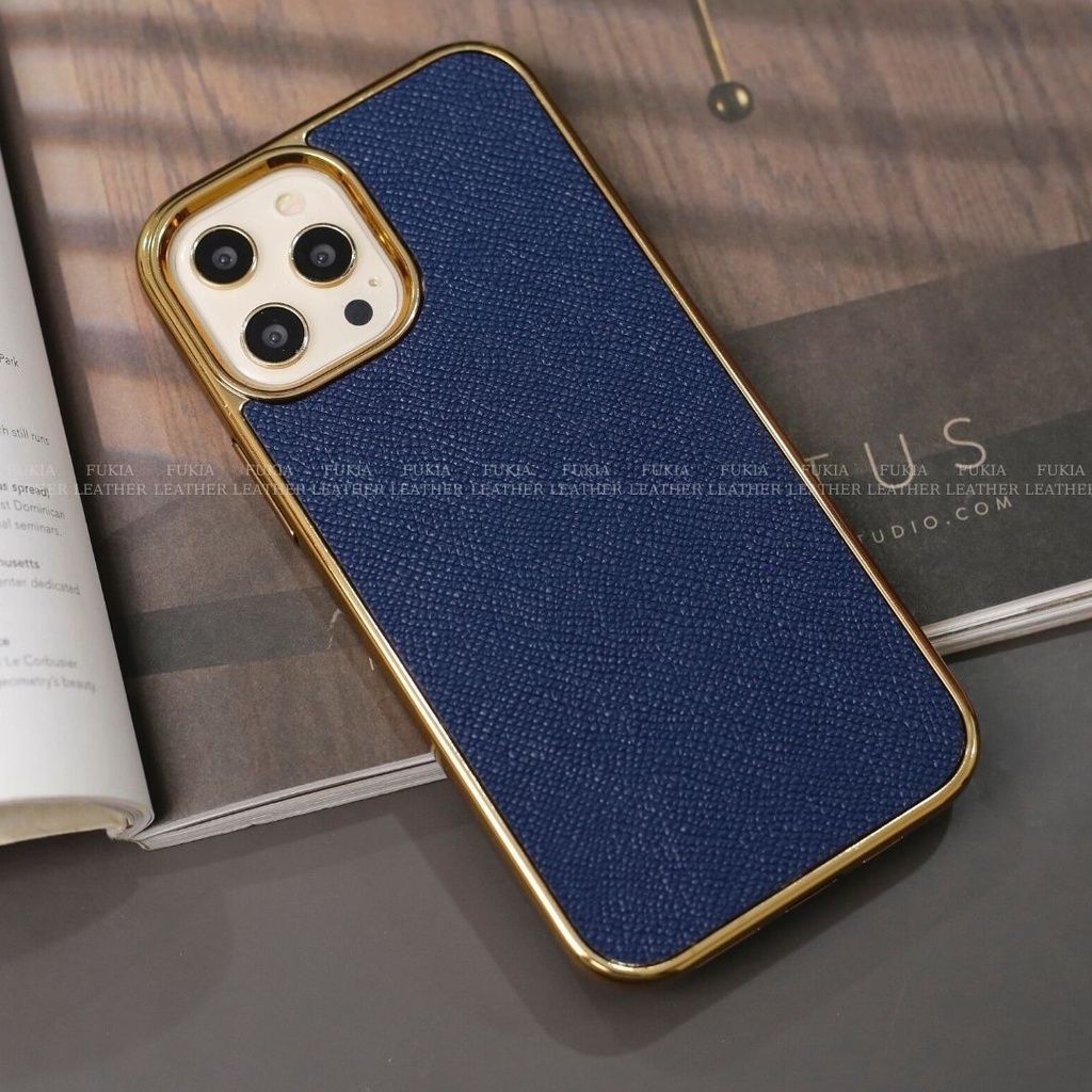 Ốp da thủ công viền Gold Epsom Xanh Navy cho IPhone 14/14Plus/14Pro/14Promax/13/13Pro/13Promax/12/12Pro/12Promax ODTC104