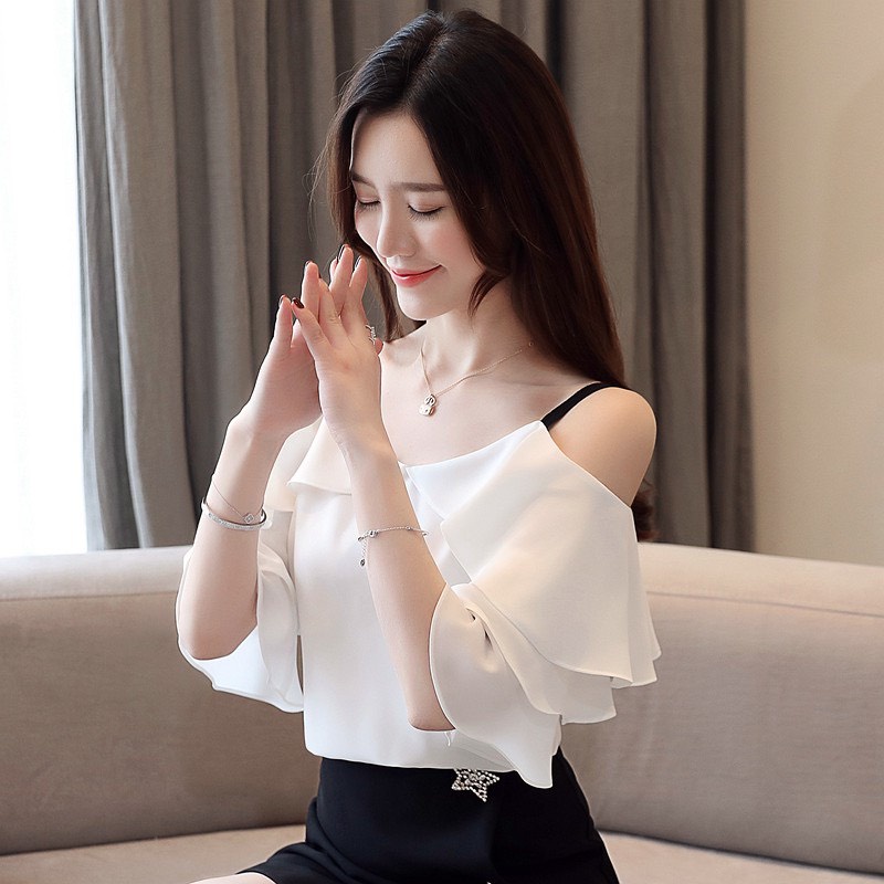 Áo 2 Dây Vải Voan Lụa Ý Trễ Vai Phong Cách Hàn Quốc Thanh Lịch Danh Cho Nữ Văn Phòng Công Sở
