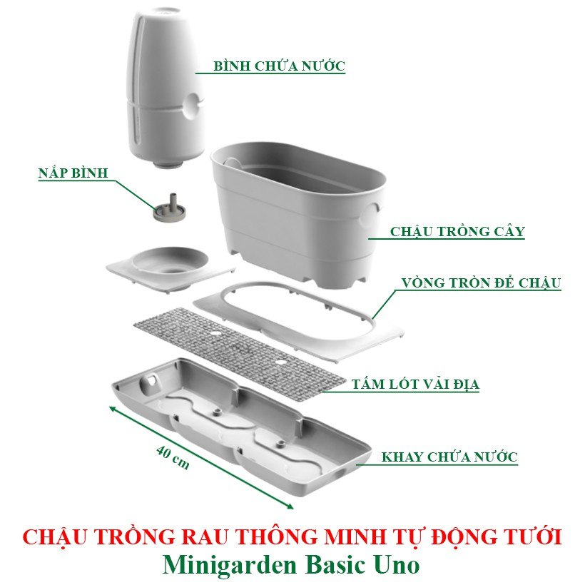 BỘ CHẬU TRỒNG RAU TỰ ĐỘNG TƯỚI THÔNG MINH MINIGARDEN BASIC UNO, PHONG CÁCH CHÂU ÂU, BẢO HÀNH 10 NĂM