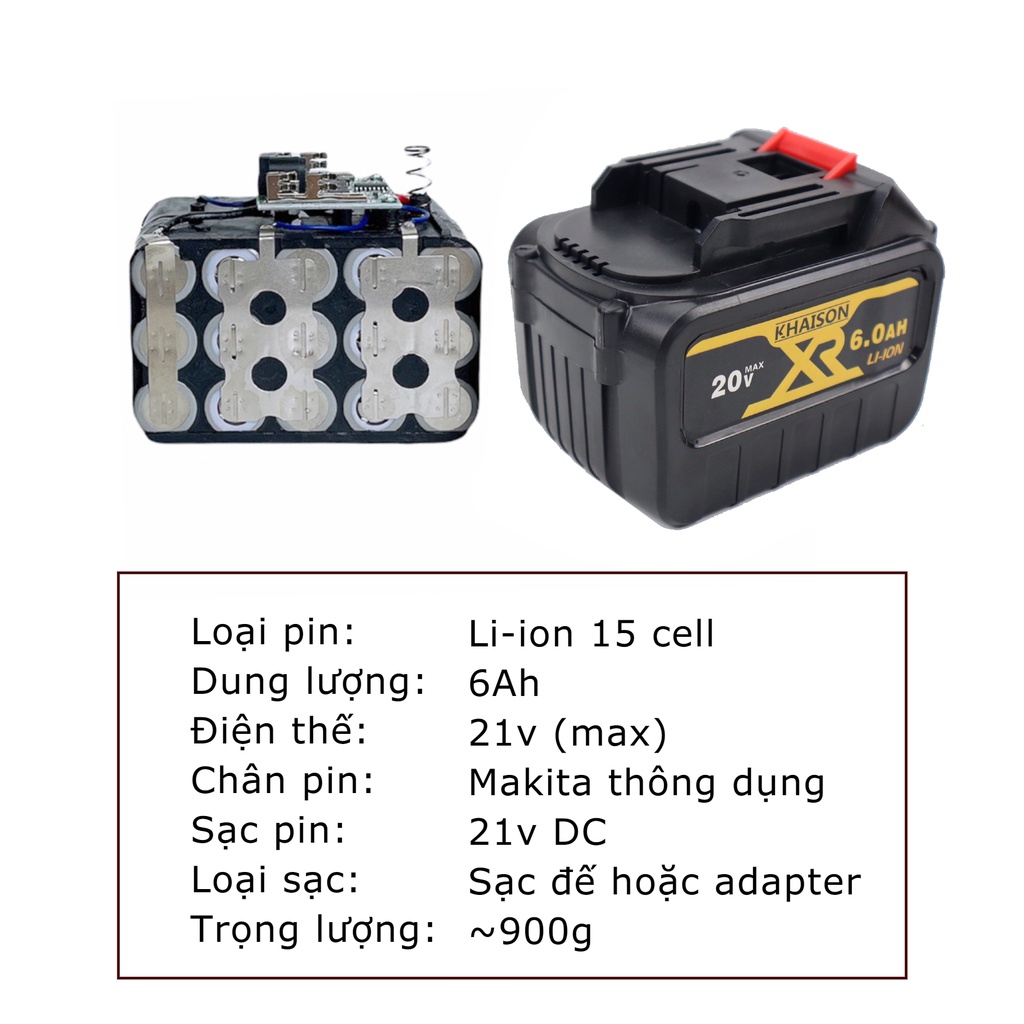 Máy siết mở bulong KHAISON công suất lớn 1300N.m đầu 3/4 inch pin 15 cell 6Ah mở ốc xe tải