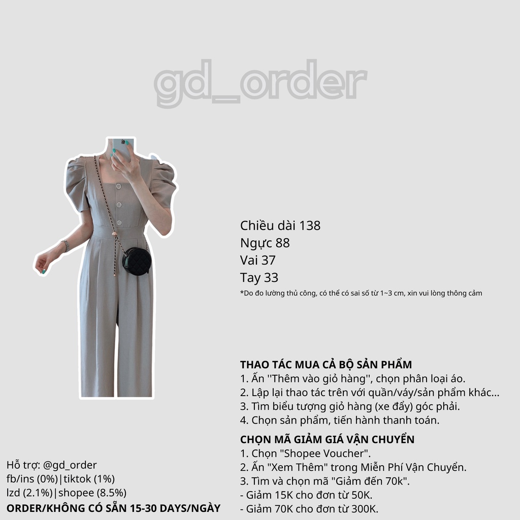 J3|Jumpsuit cổ vuông tay phồng ống rộng phong cách hàn quốc thanh lịch gd_order