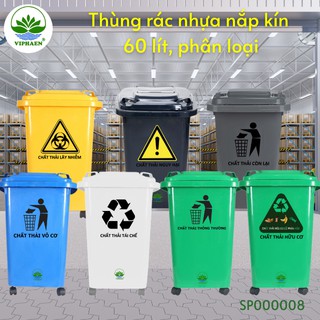 [Nhựa dày] Thùng Rác Nhựa nắp kín 60 lít Viphaen (Dán nhãn phân loại rác)