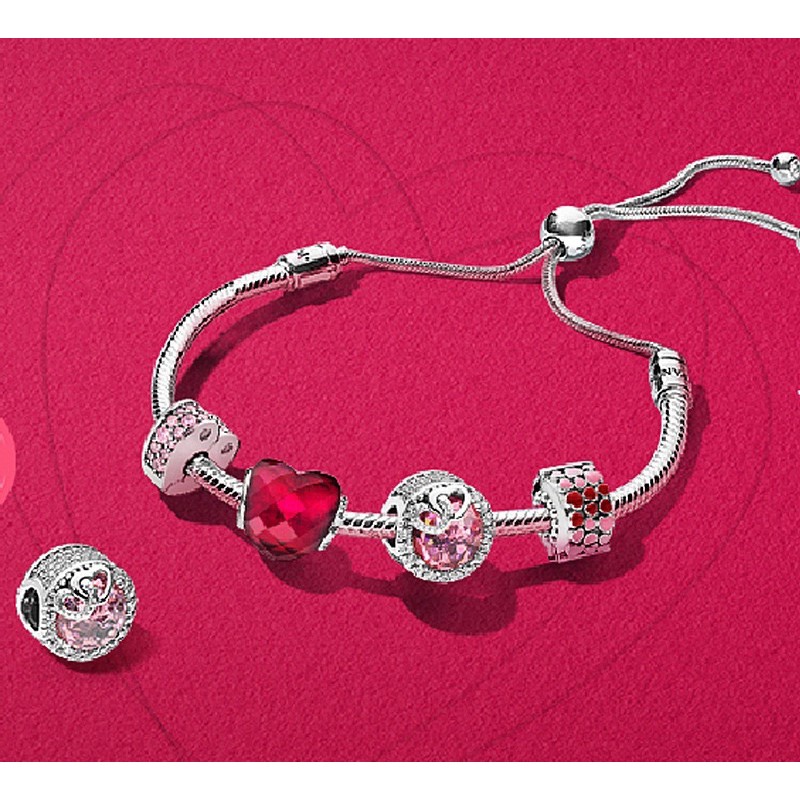 charm pan đá đỏ hồng tim đôi bạc s925 cao cấp