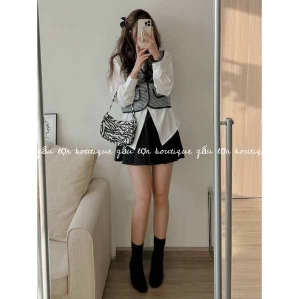 Áo gile dạ hoạ tiết kẻ zíc zắc ảnh thật