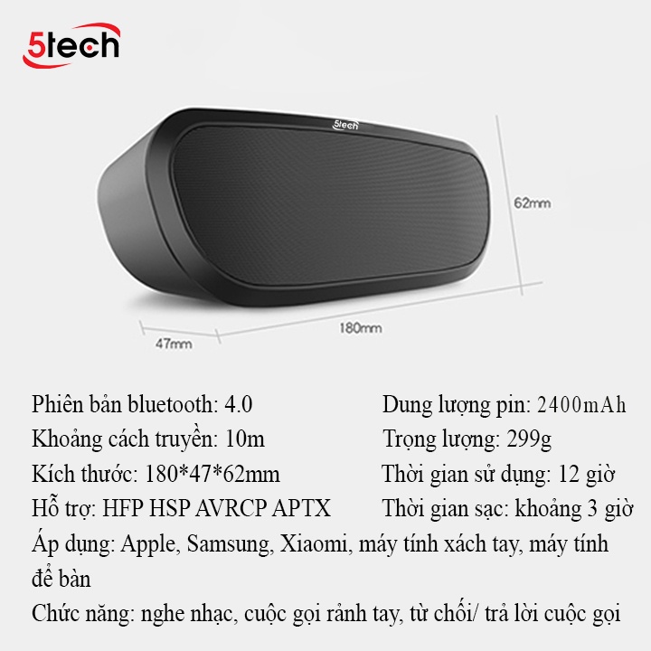 Loa bluetooth 5TECH BS1 mini không dây thiết kế mới lạ, âm thanh nổi cho chất lượng âm thanh đa chiều, sống động