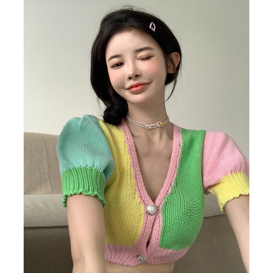 Cocory vn Áo croptop dệt kim tay ngắn cổ chữ v thời trang hàn quốc cho nữ