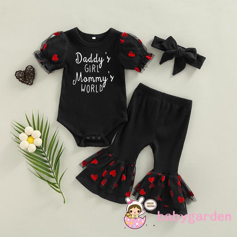 Bộ Áo Liền Quần Tay Ngắn In Chữ + Quần Ống Loe Lưới + Băng Đô Nơ Dành Cho Bé Gái 0-24 Tháng Tuổi