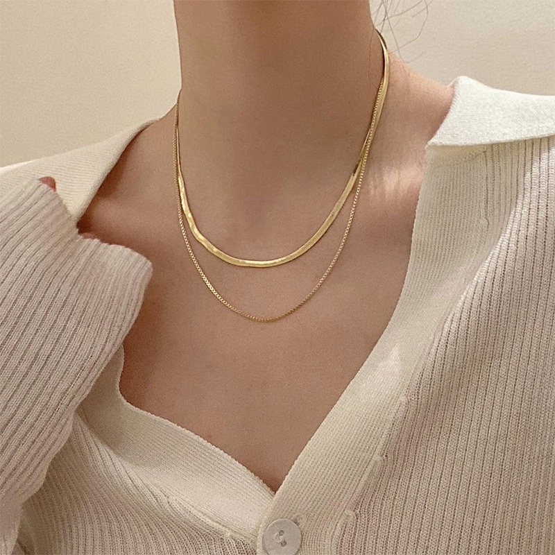 Dây Chuyền Đeo Cổ Hai Lớp Thiết Kế Hình Xương Rắn Đơn Giản Phối Dây Xích