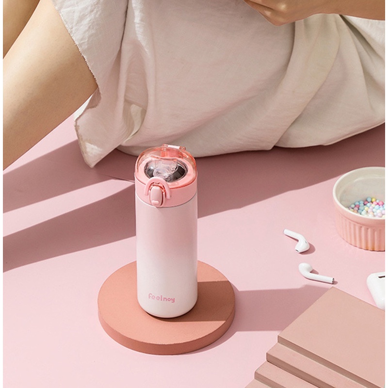 Bình Giữ Nhiệt Bằng Thép Không Gỉ Hai Lớp 350ml/420ml Kèm Ống Hút Thiết Kế Thay Đổi Màu Sắc Dễ Thương Cho Nữ Sinh