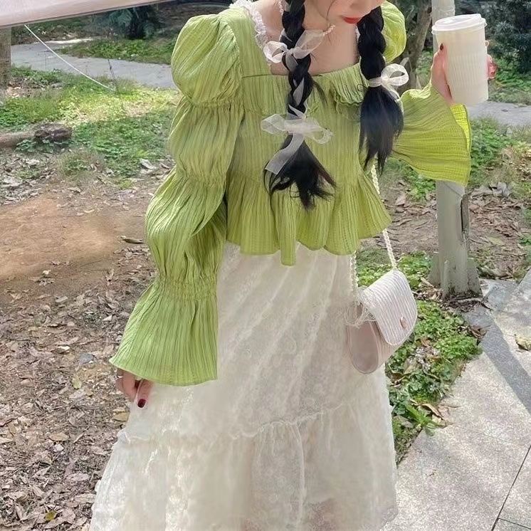 Set Áo Sơ Mi Phối Bèo Màu Xanh Lá + Chân Váy Dài Vừa Phải Thiết Kế Mới Trẻ Trung Cho Nữ