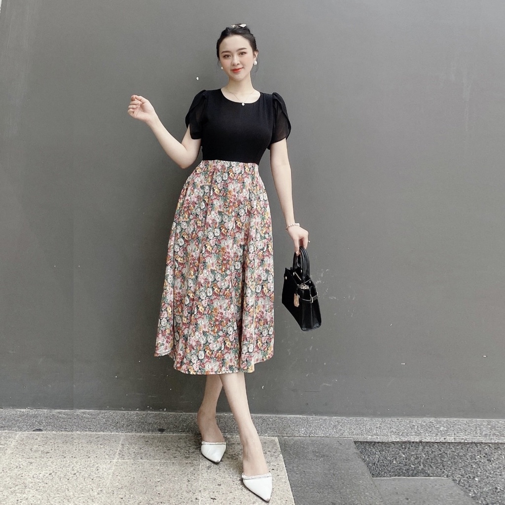 Đầm Công Sở Áo Kiểu Chân Váy Phối Hoa AKARA K147 Cổ Tròn Tay Loe Dán Xòe Full Size