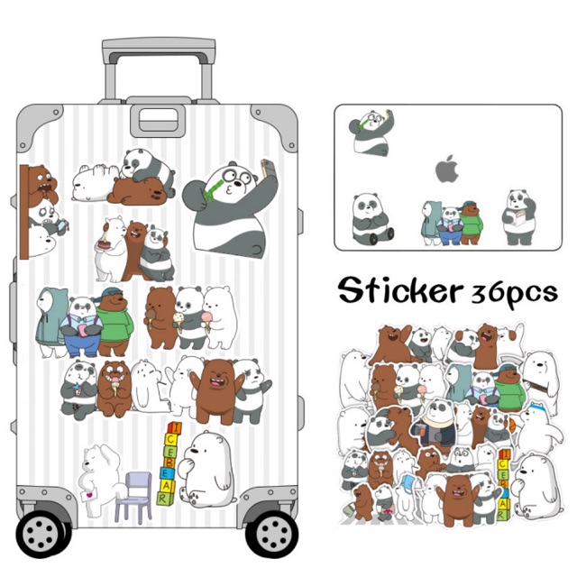 Set 36 sticker dán trang trí thủ công hình gấu We Bare Bears