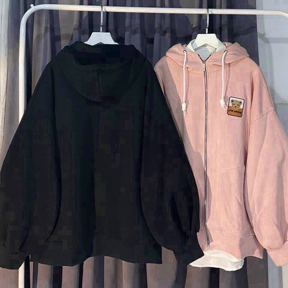 ÁO KHOÁC HOODIE KHÓA KÉO FORM RỘNG NAM NỮ THÊU GẤU , ÁO HOODIE UNISEX MÀU ĐEN THÊU GẤU