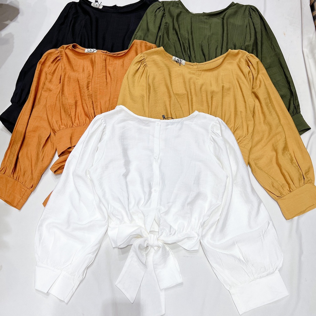 LOVI SHOP - Áo croptop nơ lưng tay dài basic nhiều màu trơn LOVI