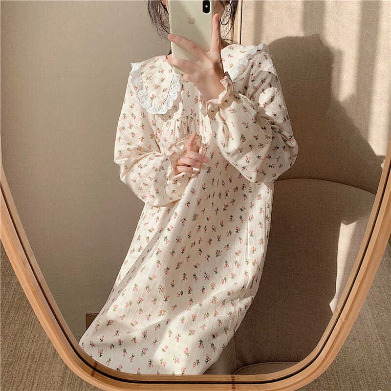 Đầm ngủ tay dài cổ búp bê phong cách công chúa thời trang cho nữ