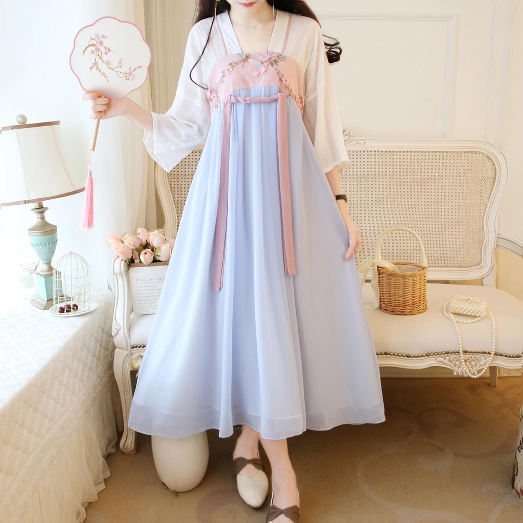 Bộ Hán Phục Cách Tân Dáng Dài Họa Tiết Thêu Thời Trang Mùa Hè Cho Nữ