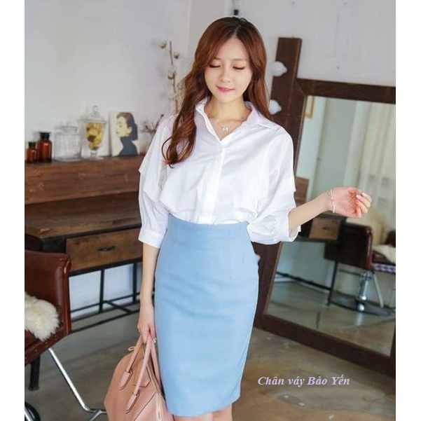 Chân váy bút chì xanh nơ công sở( sẵn size)- M18
