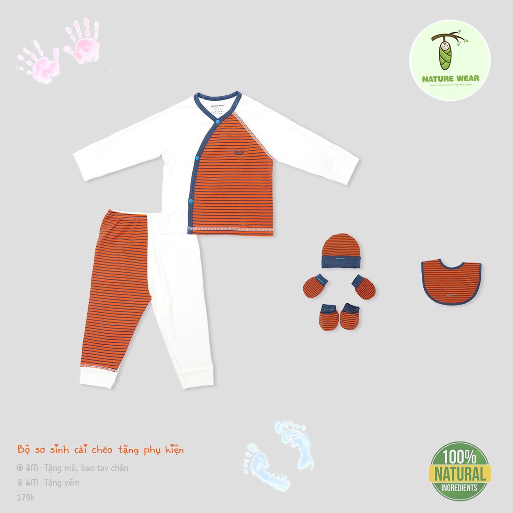 Nature Wear  - Bộ sơ sinh cài chéo kẻ sọc tặng mũ , bao tây chân hoặc yếm