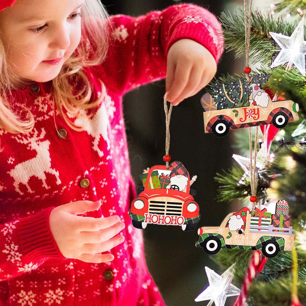 JAVIER Creative Wooden Pendants New Year Wood Crafts Hanging Ornament Gift Hollow Car Christmas Tree Truck Natural Christmas Decoration