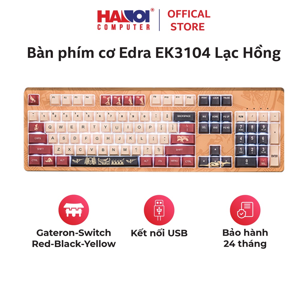 Bàn phím cơ Edra EK3104 Lạc Hồng White Led mượt và ít sạn, độ bền lên đến 50 triệu lần nhấn