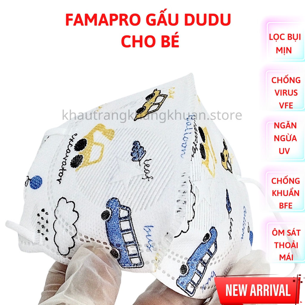 Khẩu trang 5D cho bé, khẩu trang Famapro Gấu Dudu cho bé, dễ đeo, ôm sát, không ngợp (hôp, túi 10 cái)