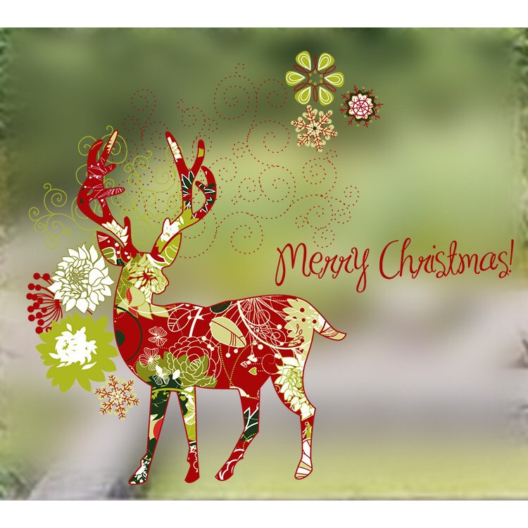 Decal dán kính cao cấp - Con Tuần Lộc Đỏ Merry Chritmas ( 60x58 )