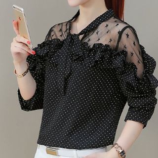 Áo kiểu nữ chấm bi phối lưới cao cấp