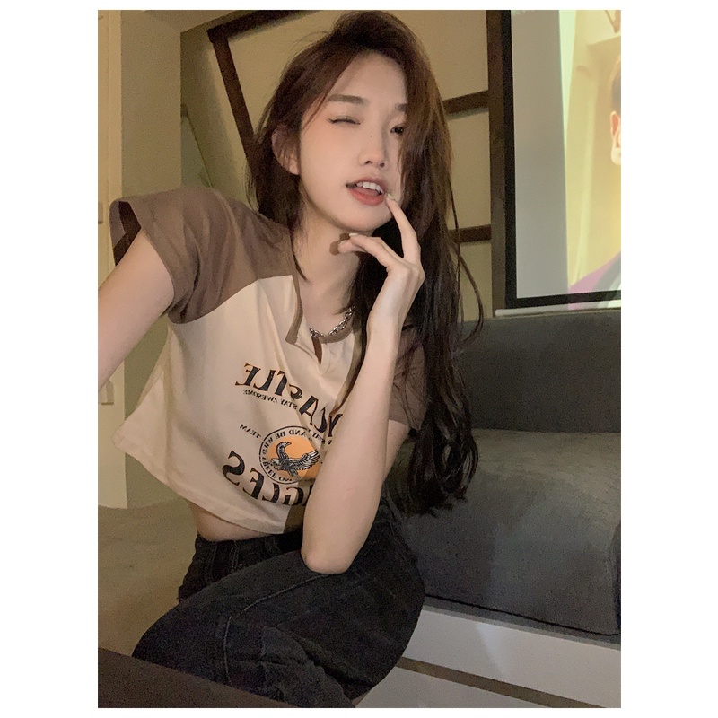 Áo Thun Nữ Ngắn Tay Cổ Tròn Gợi Cảm Phong Cách retro Mỹ