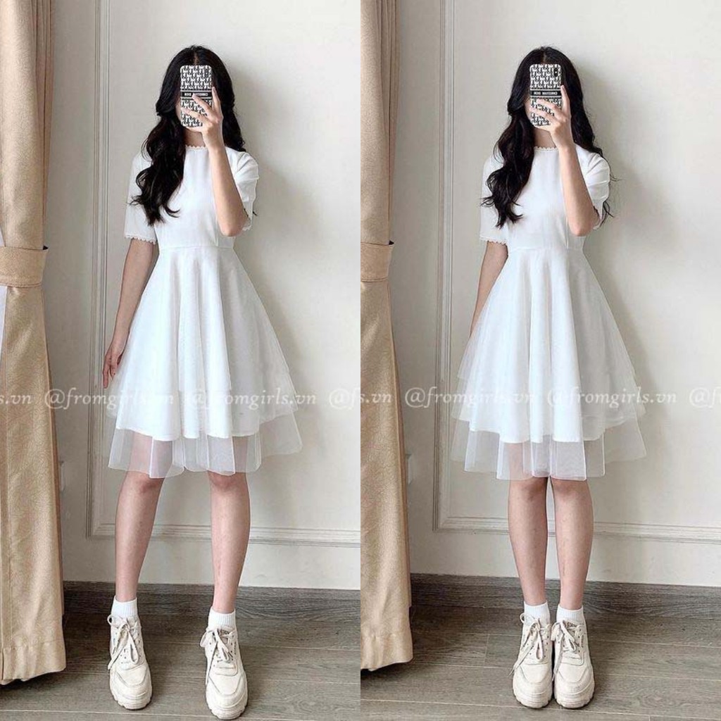 Váy trắng xòe, đầm trắng dự tiệc tay lỡ viền ren - V49FG