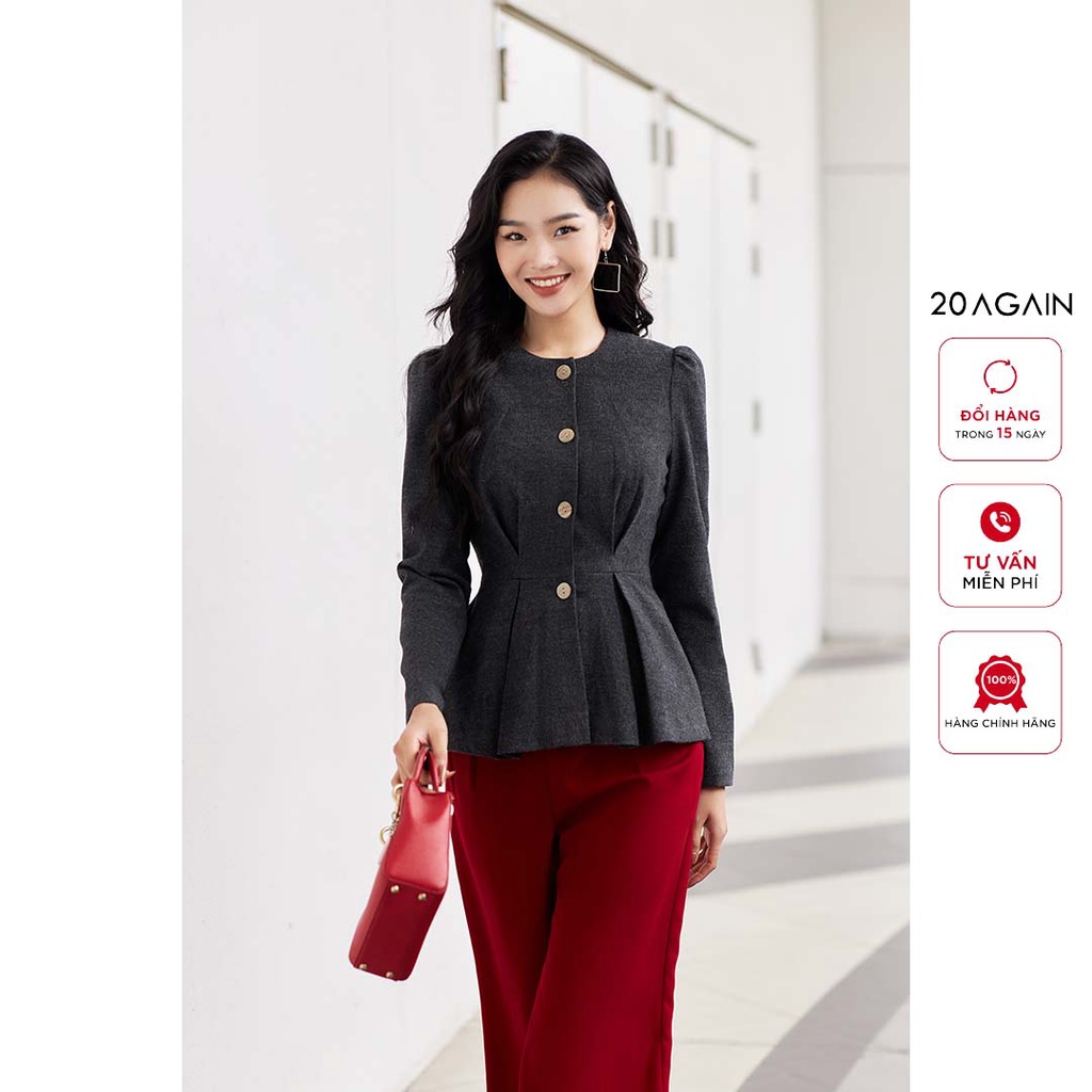 Áo sơ mi nữ dài tay cổ tròn 20AGAIN, thiết kế dáng peplum thanh lịch, chất liệu cao cấp ASA1919