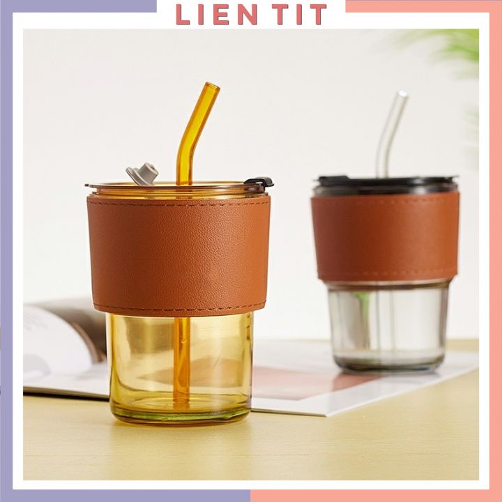 Cốc thủy tinh uống nước GorGous có nắp kèm ống hút, ly thủy tinh bọc da cao cấp