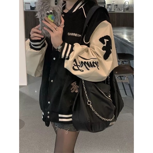 💃 Áo Bomber Nhung Tăm Phối Nỉ Chữ R Unisex Dáng Thụng