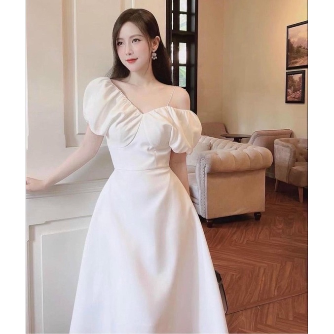 Váy nữ trễ vai trắng tay phồng dự tiệc sang trọng chất lụa mịn V269 freesize AĐ BOUTIQUE