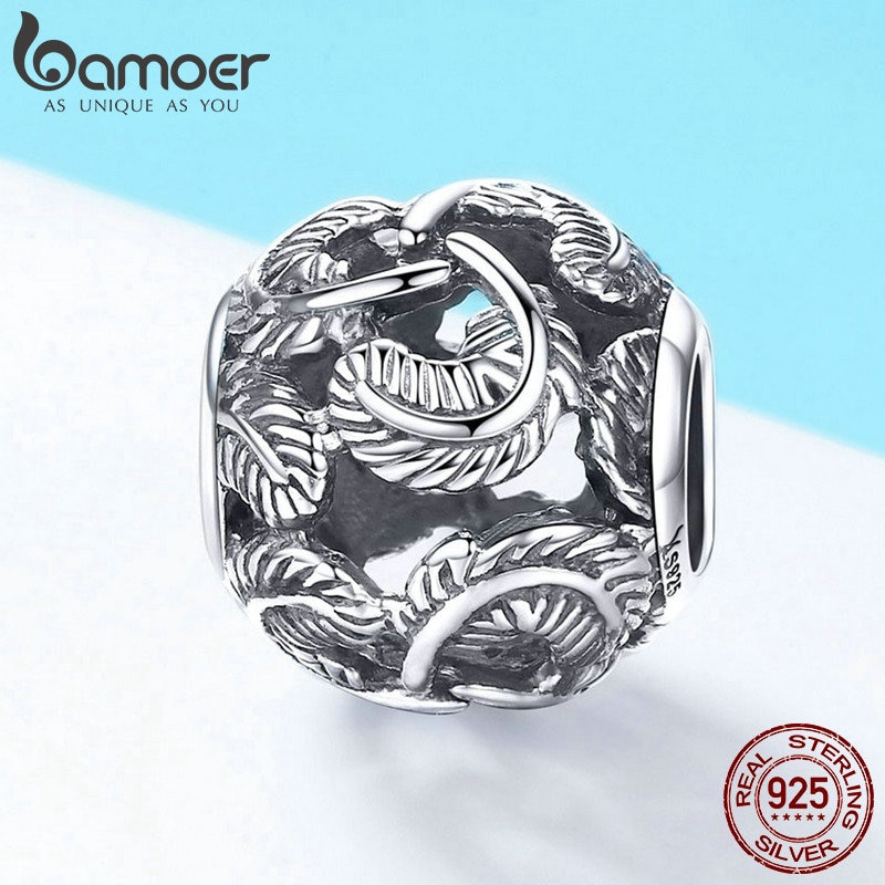 Hạt xỏ vòng tay Bamoer bằng bạc 925 hình tròn họa tiết lông vũ để làm trang sức