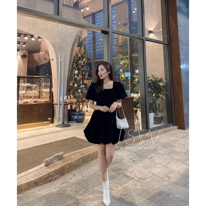 Váy nhung xoè bồng dáng ngắn