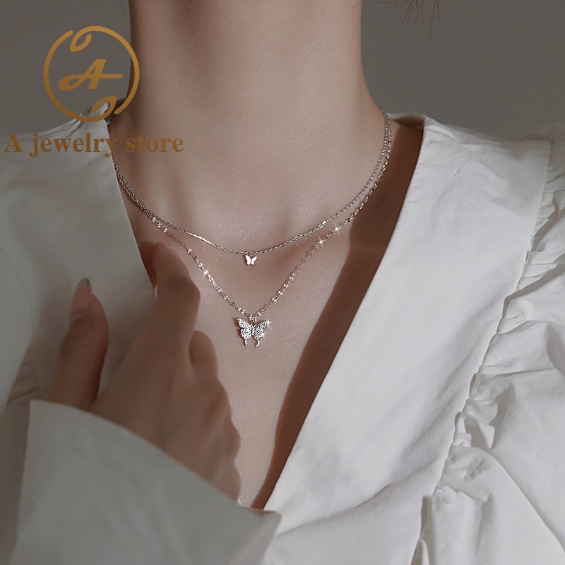 AJEWELRY Korean Simple Niche Double-layer Butterfly Necklace Stacking Basic Clavicle Chain Necklace